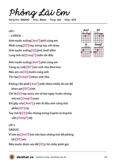 Hợp âm Phỏng Lài Em (DADUC) – bản nhạc PDF trang 1, tông Am