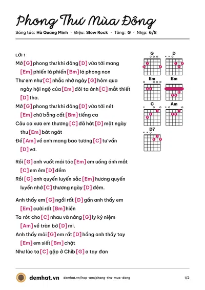 Hợp âm Phong Thư Mùa Đông (Lân Nhã) – bản nhạc PDF trang 1, tông G