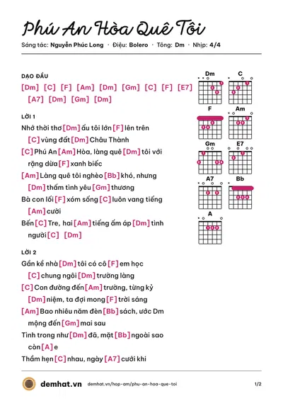 Hợp âm Phú An Hòa Quê Tôi (Hải Đăng) – bản nhạc PDF trang 1, tông Dm