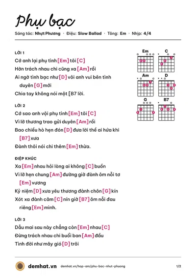 Hợp âm Phụ bạc (Xuân Viên) – bản nhạc PDF trang 1, tông Em
