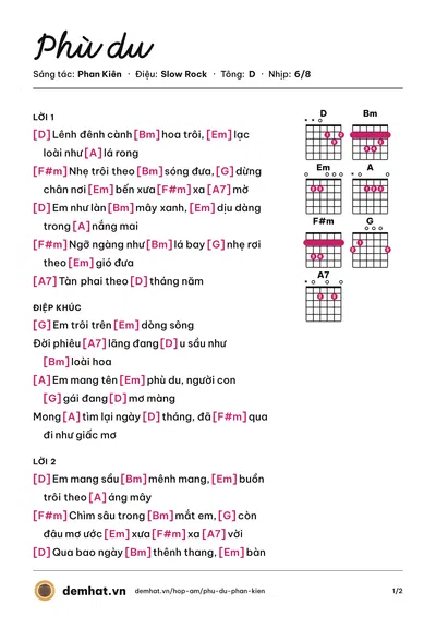 Hợp âm Phù du (Như Quỳnh) – bản nhạc PDF trang 1, tông D