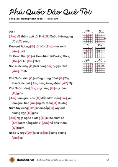 Hợp âm Phú Quốc Đảo Quê Tôi (Thanh Thúy) – bản nhạc PDF trang 1, tông Am