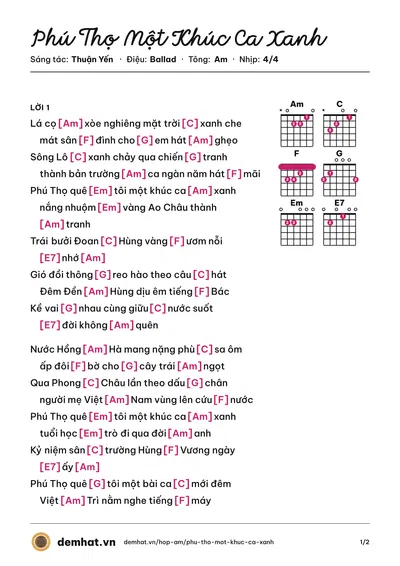 Hợp âm Phú Thọ Một Khúc Ca Xanh (Trọng Tấn) – bản nhạc PDF trang 1, tông Am