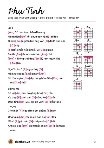 Hợp âm Phụ Tình (Trịnh Đình Quang) – bản nhạc PDF trang 1, tông Am