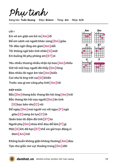 Hợp âm Phụ tình (Tuấn Quang) – bản nhạc PDF trang 1, tông Am