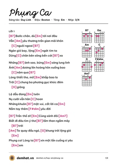 Hợp âm Phụng Ca (Duy Linh) – bản nhạc PDF trang 1, tông Em