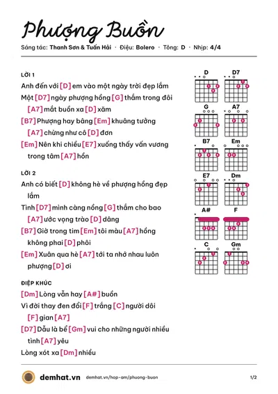 Hợp âm Phượng Buồn (Cẩm Ly) – bản nhạc PDF trang 1, tông D