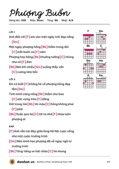 Hợp âm Phượng Buồn (H2K) – bản nhạc PDF trang 1, tông Bb