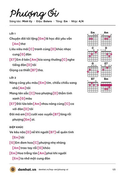Hợp âm Phượng Ơi (Thanh Vinh) – bản nhạc PDF trang 1, tông Em