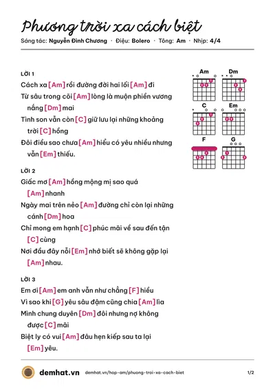Hợp âm Phương trời xa cách biệt (Nguyễn Đình Chương) – bản nhạc PDF trang 1, tông Am