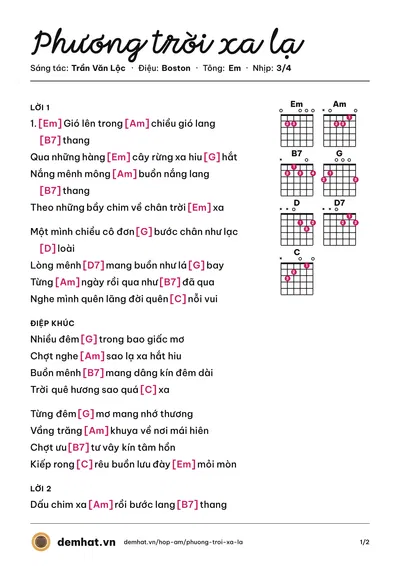 Hợp âm Phương trời xa lạ (Ngọc Hạ) – bản nhạc PDF trang 1, tông Em
