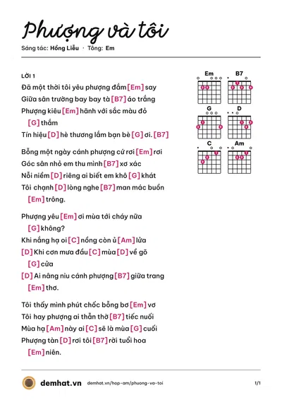 Hợp âm Phượng và tôi (Hồng Liễu) – bản nhạc PDF trang 1, tông Em