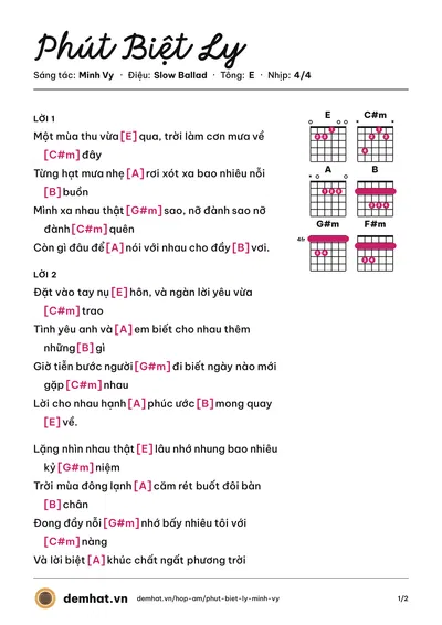 Hợp âm Phút Biệt Ly (Cẩm Ly) – bản nhạc PDF trang 1, tông E