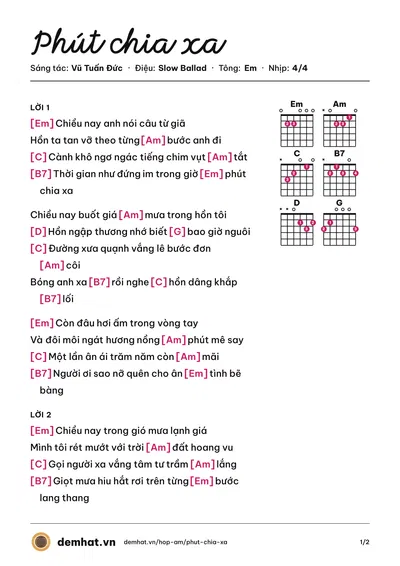 Hợp âm Phút chia xa (Kiều Nga) – bản nhạc PDF trang 1, tông Em