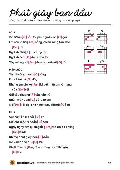 Hợp âm Phút giây ban đầu (Tuấn Chu) – bản nhạc PDF trang 1, tông C