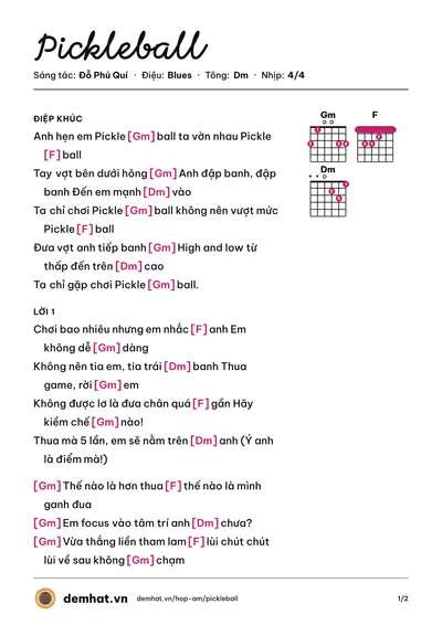 Hợp âm Pickleball (Đỗ Phú Quí) – bản nhạc PDF trang 1, tông Dm