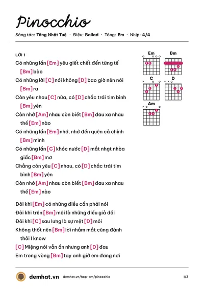 Hợp âm Pinocchio (ZERO9) – bản nhạc PDF trang 1, tông Em