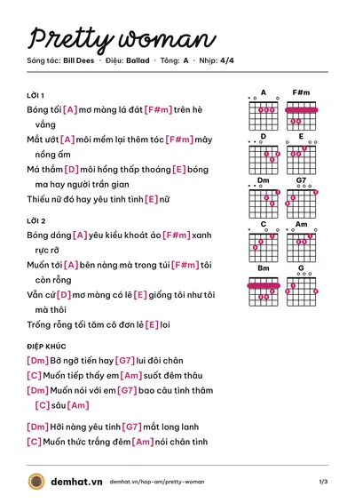 Hợp âm Pretty woman (Bill Dees) – bản nhạc PDF trang 1, tông A