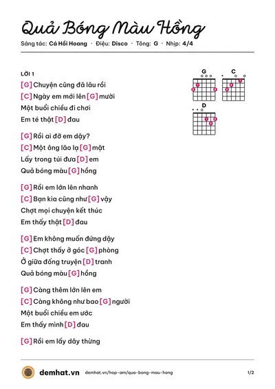 Hợp âm Quả Bóng Màu Hồng (Cá Hồi Hoang) – bản nhạc PDF trang 1, tông G