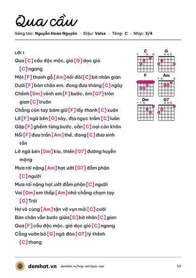 Hợp âm Qua cầu (Phương Thùy) – bản nhạc PDF trang 1, tông C