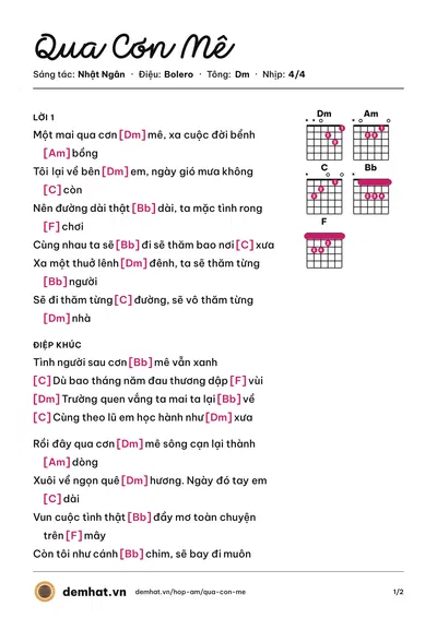 Hợp âm Qua Cơn Mê (Duy Khánh) – bản nhạc PDF trang 1, tông Dm