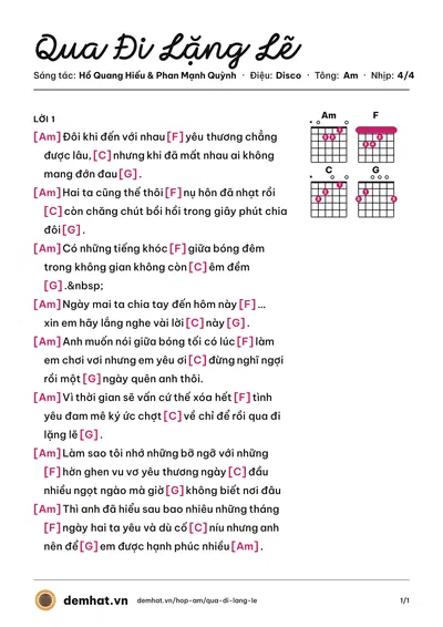 Hợp âm Qua Đi Lặng Lẽ (Hồ Quang Hiếu) – bản nhạc PDF trang 1, tông Am