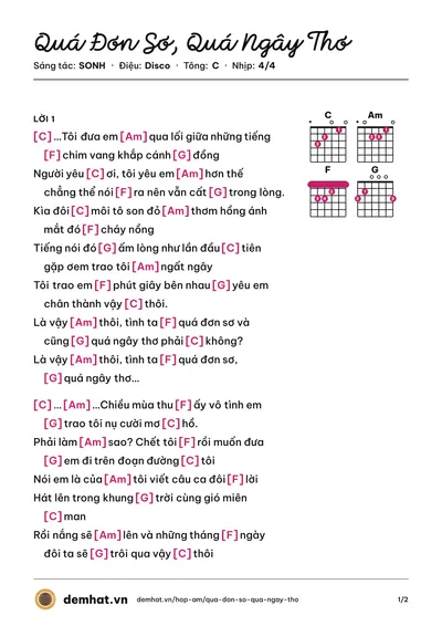 Hợp âm Quá Đơn Sơ, Quá Ngây Thơ (SONH) – bản nhạc PDF trang 1, tông C