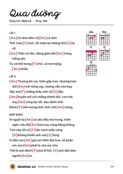 Hợp âm Qua đường (Lê Thu Thảo) – bản nhạc PDF trang 1, tông Am