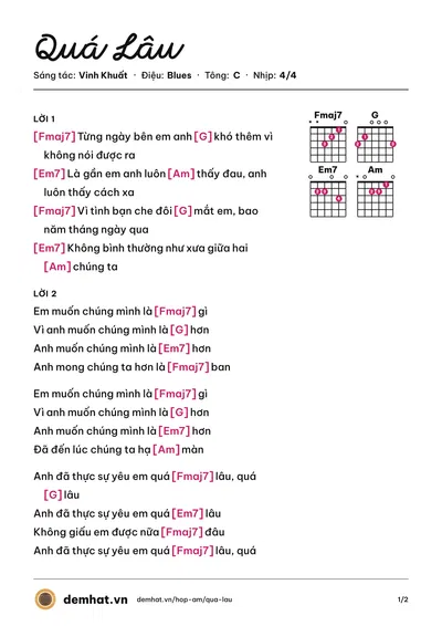 Hợp âm Quá Lâu (Vinh Khuất) – bản nhạc PDF trang 1, tông C
