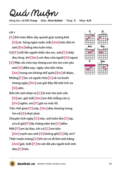 Hợp âm Quá Muộn (Lê Chí Trung) – bản nhạc PDF trang 1, tông C