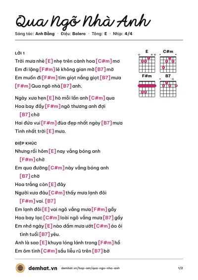 Hợp âm Qua Ngõ Nhà Anh (Như Quỳnh) – bản nhạc PDF trang 1, tông E