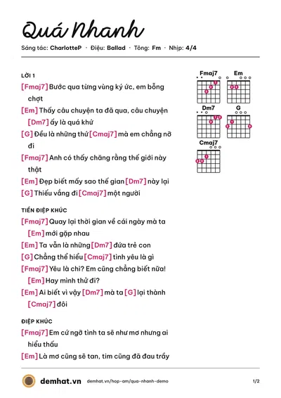 Hợp âm Quá Nhanh (CharlotteP) – bản nhạc PDF trang 1, tông Fm