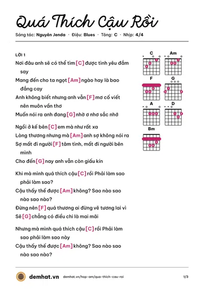 Hợp âm Quá Thích Cậu Rồi (Mr.B) – bản nhạc PDF trang 1, tông C