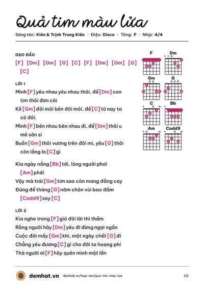 Hợp âm Quả tim màu lửa (Kiên) – bản nhạc PDF trang 1, tông F
