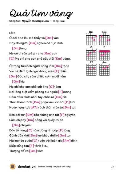 Hợp âm Quả tim vàng (Nguyễn Hữu Diệu Liên) – bản nhạc PDF trang 1, tông Dm
