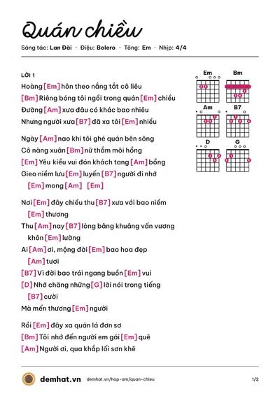 Hợp âm Quán chiều (Đan Thanh (trước 75)) – bản nhạc PDF trang 1, tông Em