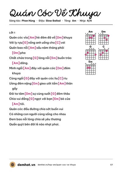 Hợp âm Quán Cóc Về Khuya (Lâm Vũ) – bản nhạc PDF trang 1, tông Am