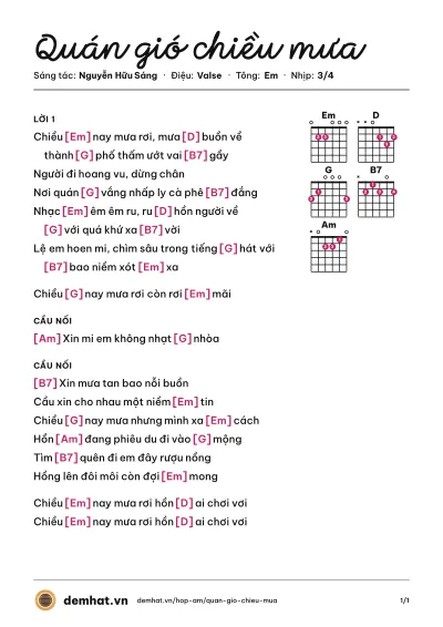 Hợp âm Quán gió chiều mưa (Tam Ca Sao Băng) – bản nhạc PDF trang 1, tông Em