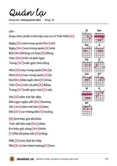 Hợp âm Quán lạ (Hoàng Quốc Bảo) – bản nhạc PDF trang 1, tông D