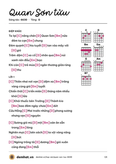 Hợp âm Quan Sơn tửu (Lee Phú Quý) – bản nhạc PDF trang 1, tông G