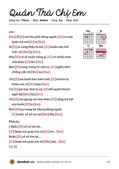 Hợp âm Quán Trà Chị Em (TMinx) – bản nhạc PDF trang 1, tông Em