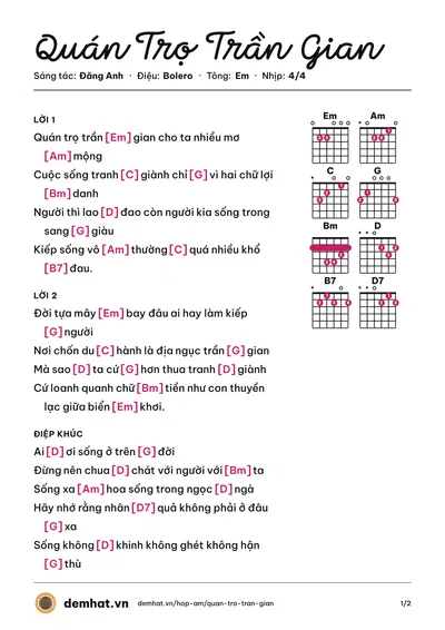 Hợp âm Quán Trọ Trần Gian (Đăng Anh) – bản nhạc PDF trang 1, tông Em