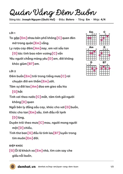 Hợp âm Quán Vắng Đêm Buồn (Kim Ngân) – bản nhạc PDF trang 1, tông Em