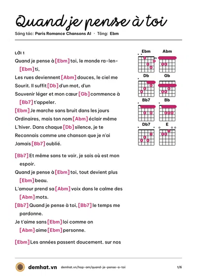 Hợp âm Quand je pense à toi (Paris Romance Chansons AI) – bản nhạc PDF trang 1, tông Ebm