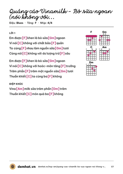 Hợp âm Quảng cáo Vinamilk - Bò sữa ngoan (nói không với chất bảo quản) (Quân Keyboard) – bản nhạc PDF trang 1, tông F