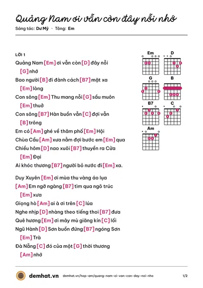 Hợp âm Quảng Nam ơi vẫn còn đây nỗi nhớ (Hoàng Hoa) – bản nhạc PDF trang 1, tông Em