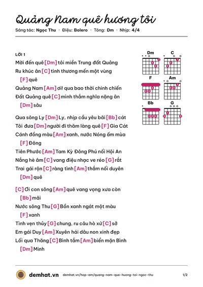 Hợp âm Quảng Nam quê hương tôi (Ngọc Thu) – bản nhạc PDF trang 1, tông Dm