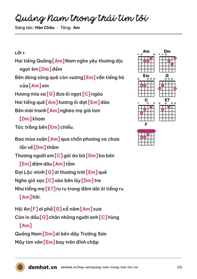 Hợp âm Quảng Nam trong trái tim tôi (Vân Khánh) – bản nhạc PDF trang 1, tông Am