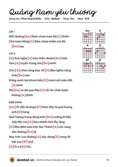 Hợp âm Quảng Nam yêu thương (Phi Thúy Hạnh) – bản nhạc PDF trang 1, tông Em