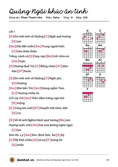 Hợp âm Quảng Ngãi khúc ân tình (Kim Hiền) – bản nhạc PDF trang 1, tông G